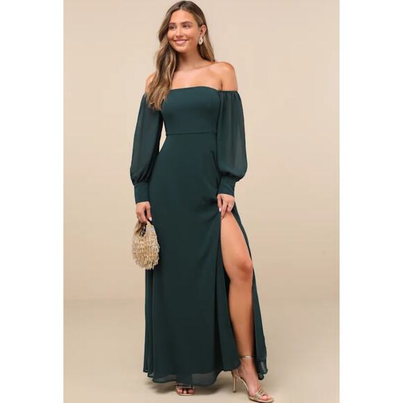 NEW Lulus Feel The Romance Emerald Green Off The Shoulder Maxi Dress - Picture 1 of 15